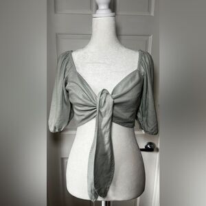 Abercrombie Tie Front Linen Blend Puff Sleeve Top Size Small Sage Green